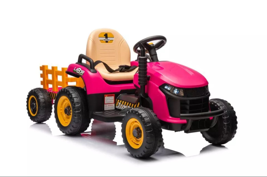 12V Electric Kids Ride on Tractor and Trailer with Remote - UPGRADED: EVA Wheel - PINK/ GREEN/ BLUE