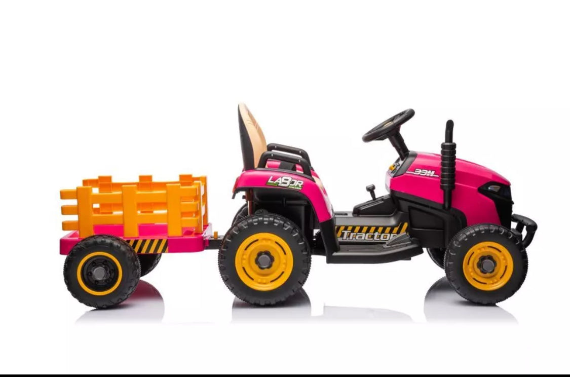 12V Electric Kids Ride on Tractor and Trailer with Remote - UPGRADED: EVA Wheel - PINK/ GREEN/ BLUE