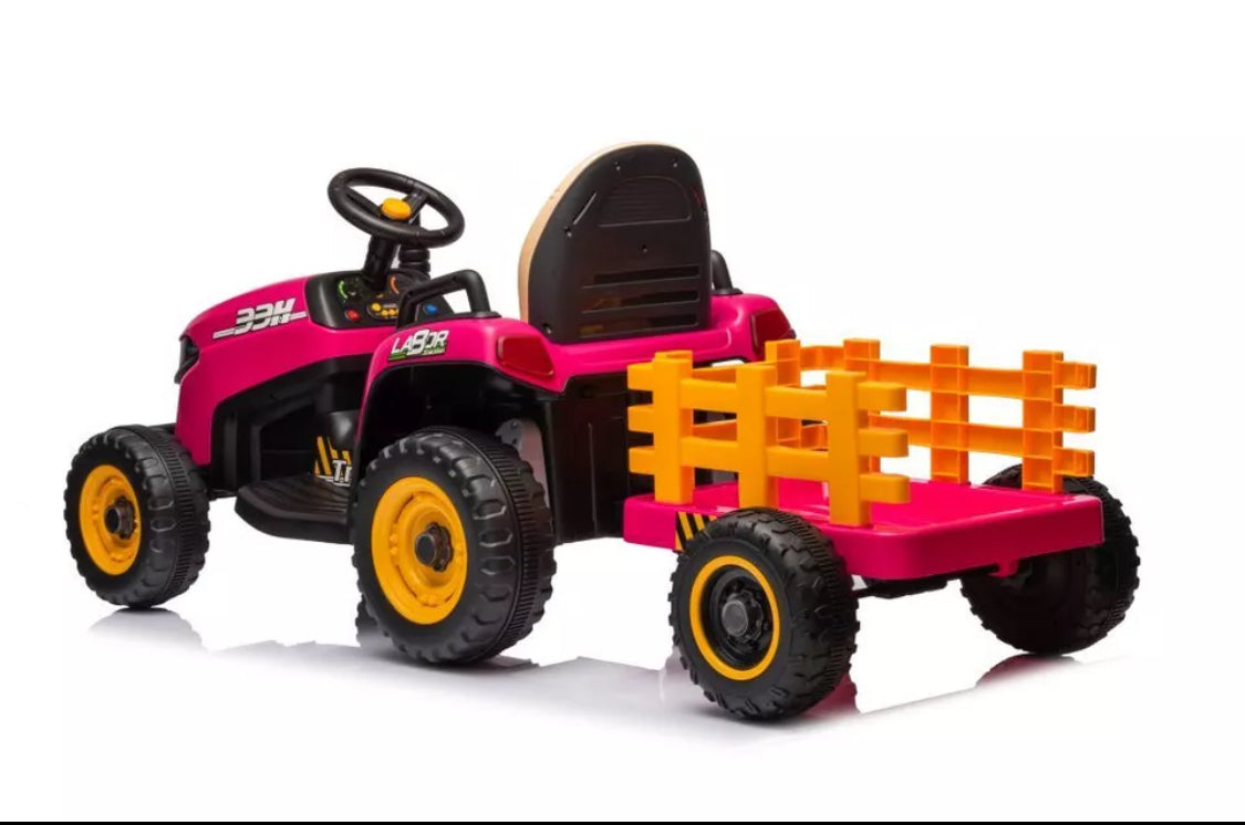 12V Electric Kids Ride on Tractor and Trailer with Remote - UPGRADED: EVA Wheel - PINK/ GREEN/ BLUE