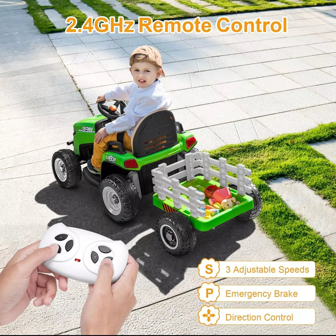 12V Electric Kids Ride on Tractor and Trailer with Remote - UPGRADED: EVA Wheel - PINK/ GREEN/ BLUE