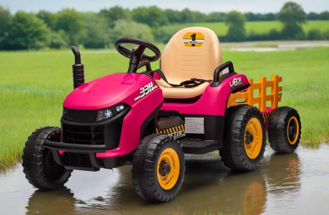 12V Electric Kids Ride on Tractor and Trailer with Remote - UPGRADED: EVA Wheel - PINK/ GREEN/ BLUE