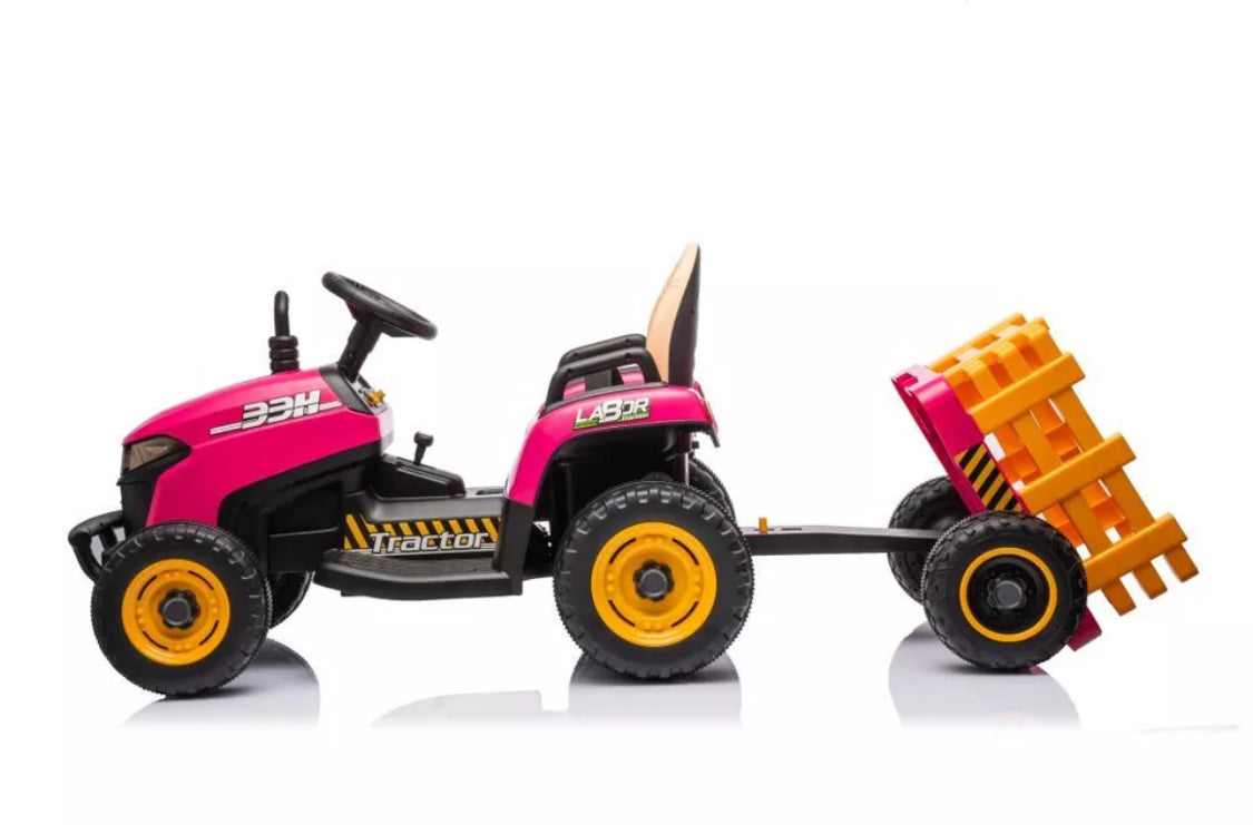 12V Electric Kids Ride on Tractor and Trailer with Remote - UPGRADED: EVA Wheel - PINK/ GREEN/ BLUE